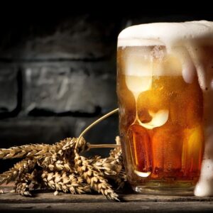 Frothy beer mug with wheat stalks